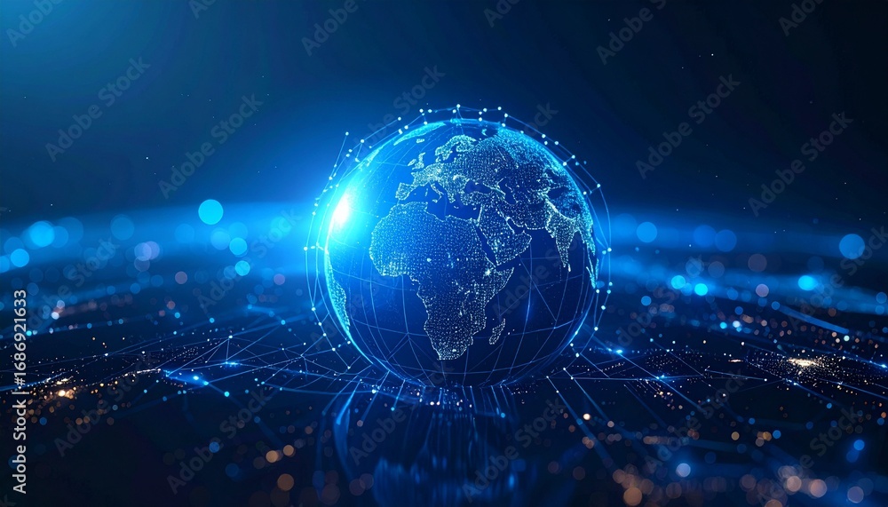Poster a digital globe representing global connectivity with interconnected lines, emphasizing worldwide ne