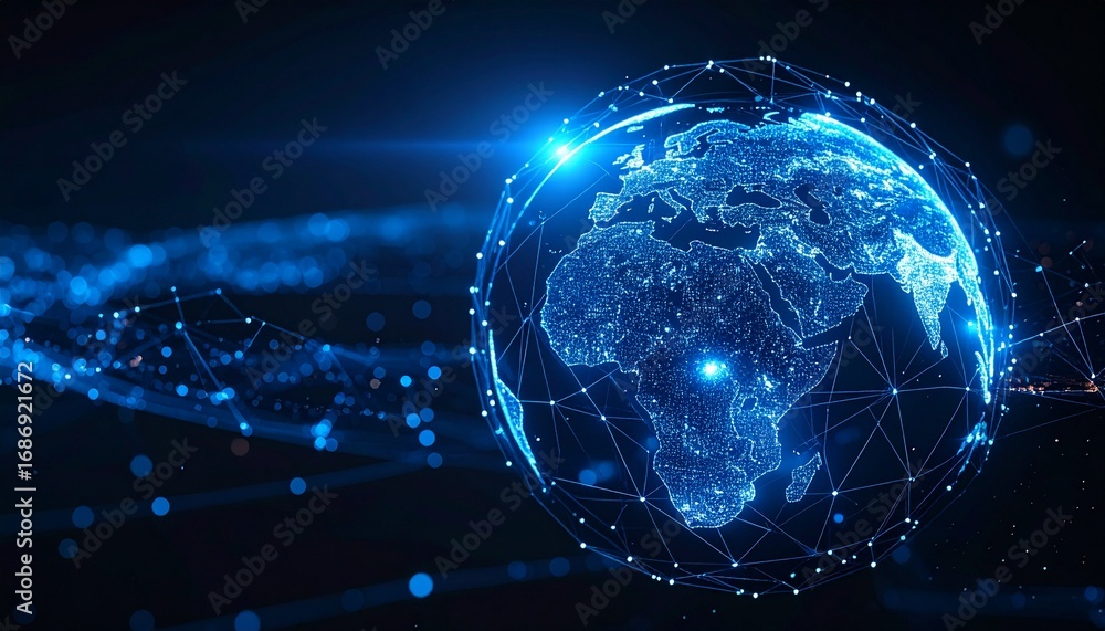 Poster a glowing digital globe, showcasing global interconnectedness. the intricate network of lines and do