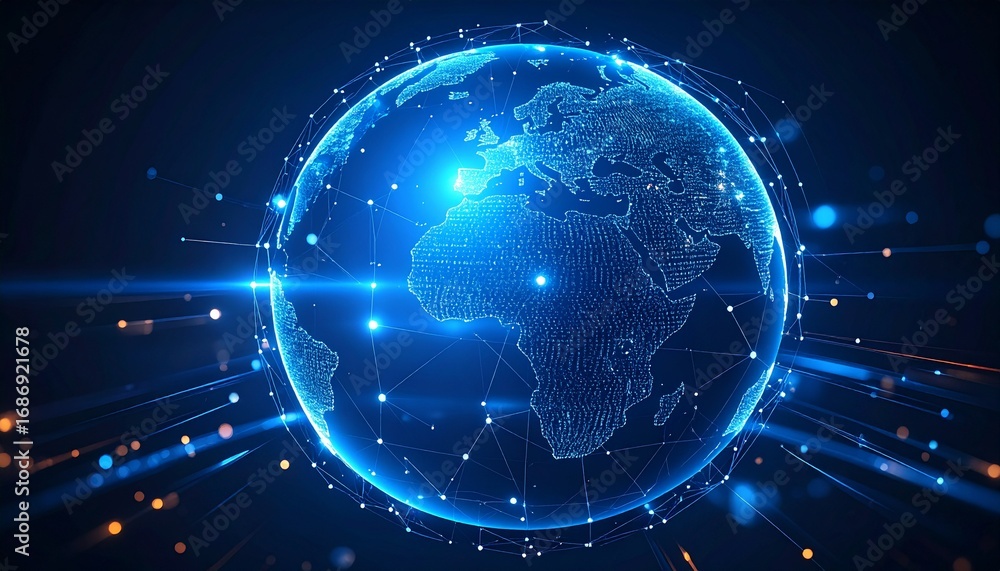 Poster a stunning digital representation of planet earth showcasing interconnected data streams, symbolizin