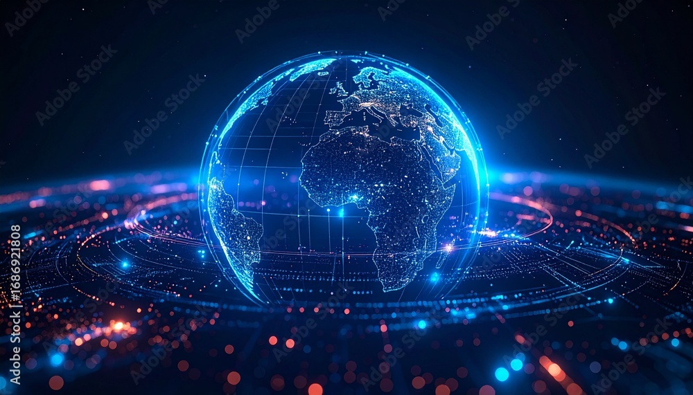 Poster illuminated globe in space representing global networks and communication