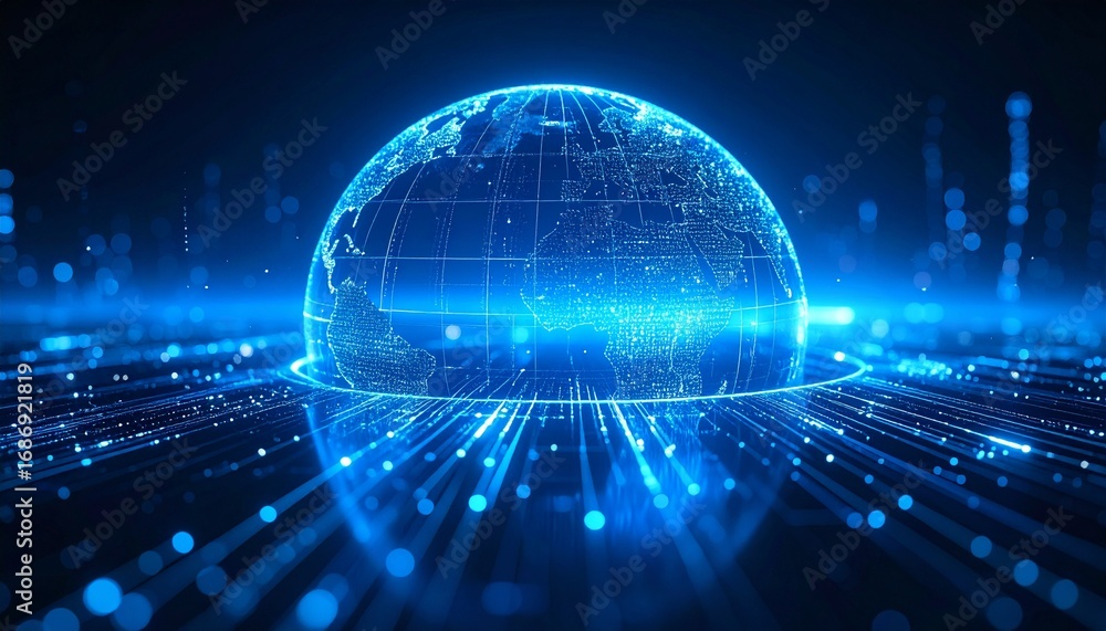 Poster a glowing digital earth with data streams, representing global technology and connectivity. the imag
