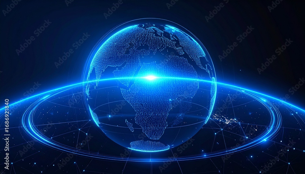 Poster a digital representation of planet earth with luminous glows and intricate lines. this image showcas