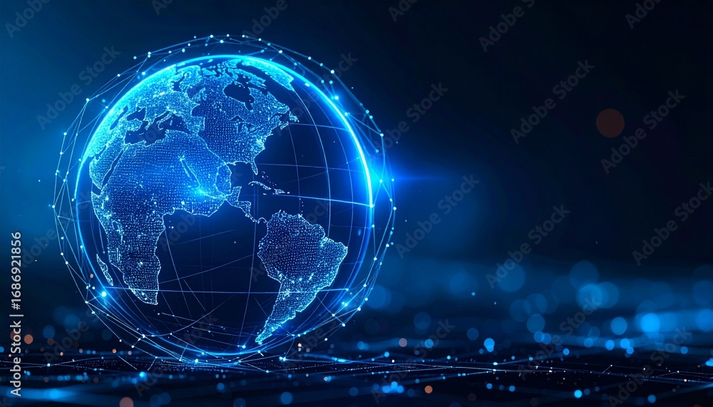 Poster a futuristic digital rendering of the earth, showcasing a network of interconnected data points with
