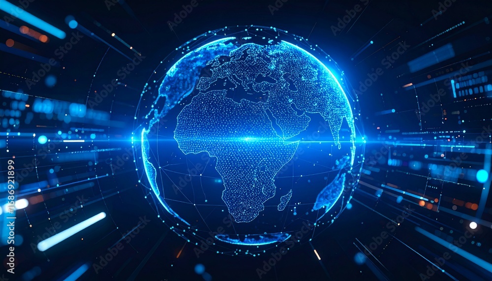 Poster a vibrant digital world encompassing the planet with connected lines and shimmering lights, illustra