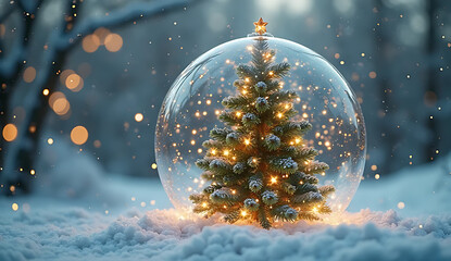 A Christmas tree inside a glass globe with twinkling lights against a blurred snowy background