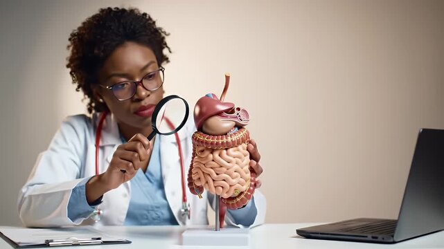 Medical Professional Analyzing Human Digestive System Model with Magnifying Glass in Clinic White Coat Red Stethoscope Laptop Background Healthcare Diagnosis and Research Anatomy Focus