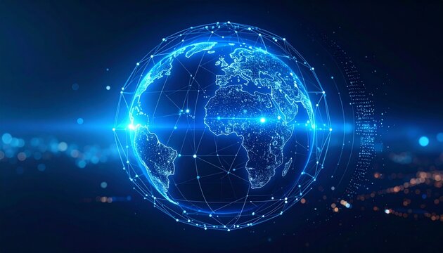 A glowing digital representation of planet Earth, showcasing global connectivity. The Earth is encircled by a network of interconnected lines and dots, with a bright, futuristic design.