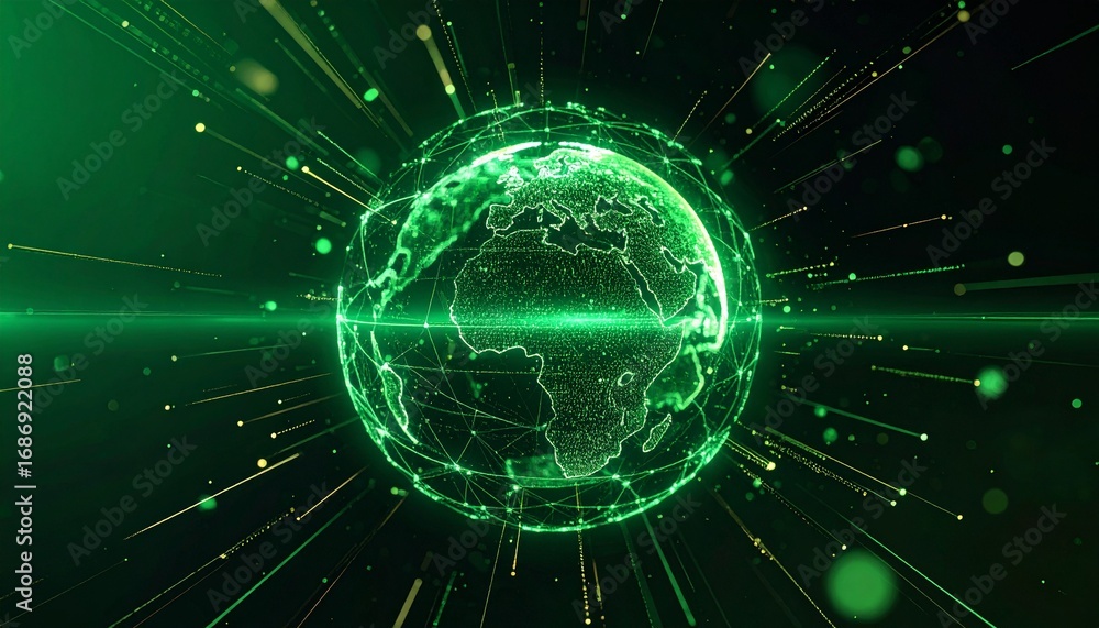 Poster a glowing green digital globe with intricate lines and data streams, symbolizing interconnectedness 