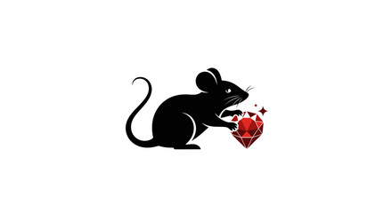 Black mouse silhouette holding a sparkling red ruby gem.