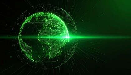 Obraz premium An eye-catching artistic rendering of Earth with a neon green hue and a striking light beam across its surface, set against a dark backdrop.