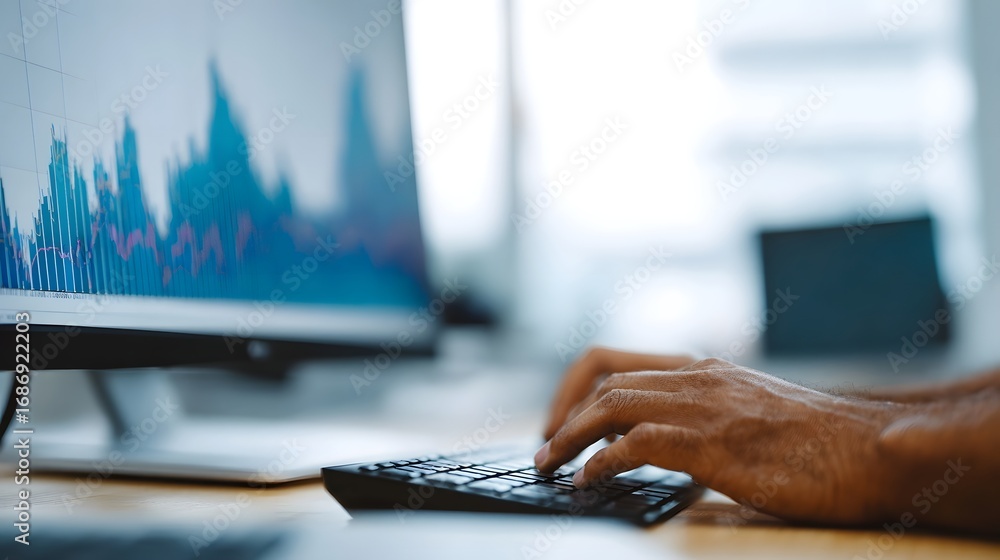 Aufkleber person s hands typing on a computer keyboard displaying financial data and charts on a monitor