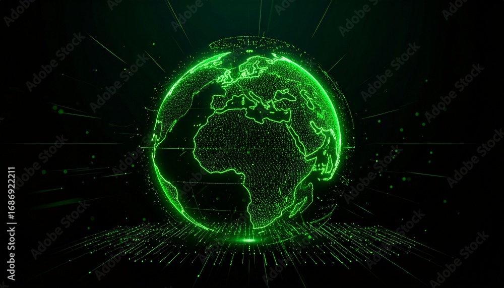 Poster a glowing green digital earth in space, with a network of lines and dots representing connectivity. 