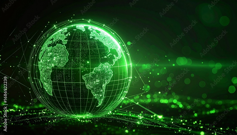 Poster a glowing digital globe against a dark background, with data streams and interconnected networks rep