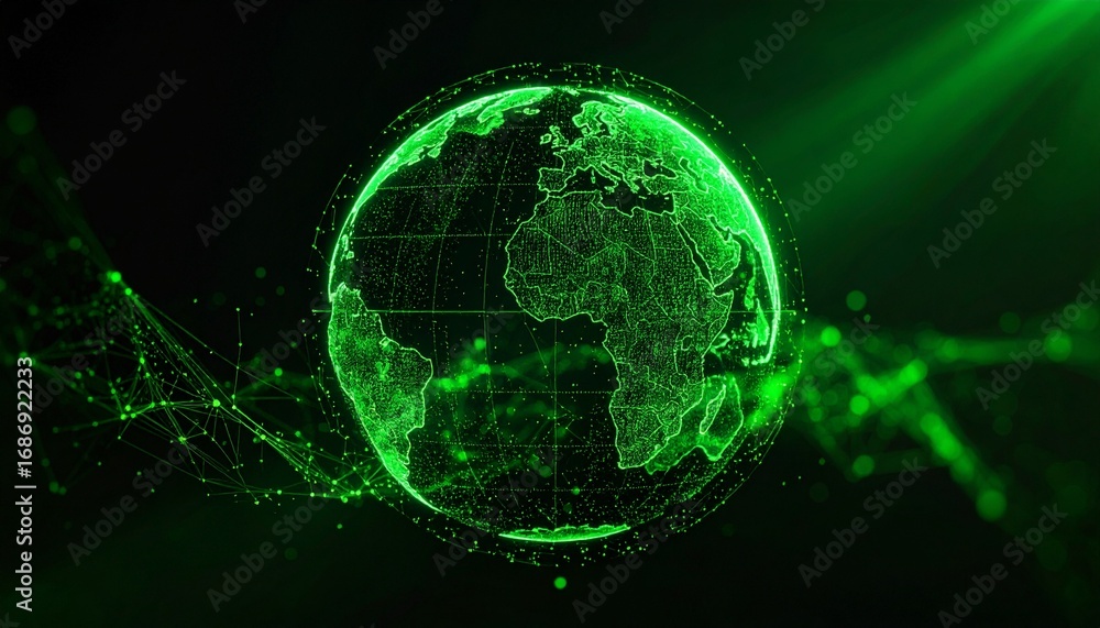 Aufkleber a captivating digital rendering of a glowing green globe, interconnected by a network of lines, repr