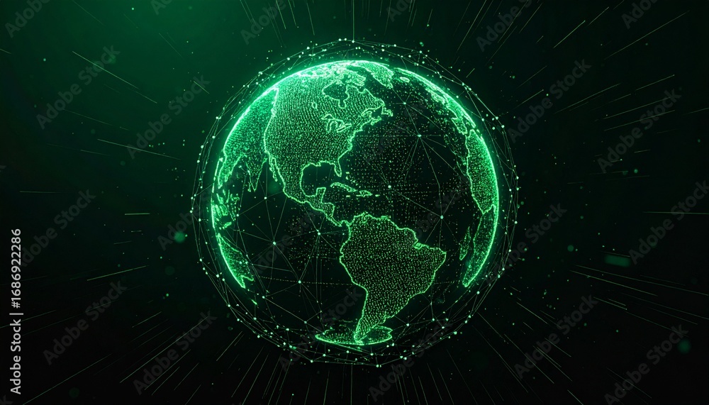 Poster an illuminated digital earth in green hues, symbolizing global interconnectedness and technological 