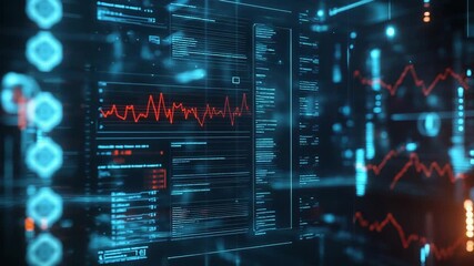 Futuristic interface displaying complex data analysis and statistics with charts and graphs - Powered by Adobe