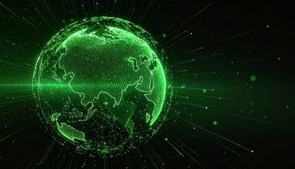Obraz premium Digital representation of the Earth in vibrant green, with interconnected lines and dots highlighting global connectivity