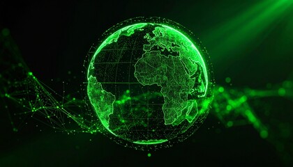 Obraz premium A captivating digital rendering of a glowing green globe, interconnected by a network of lines, representing the global network 