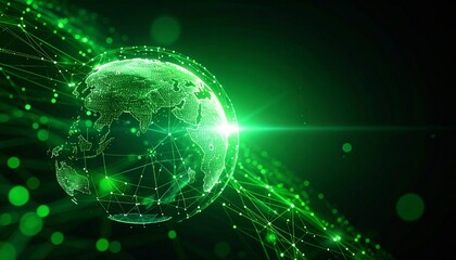 Obraz premium A digital representation of the world, highlighted in vibrant green, symbolizes global connections and technological advancement. It is interwoven with lines and dots, emitting a bright light.