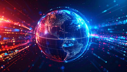 A stunning digital representation of the Earth, radiating with interconnected lines and a vibrant glow. Showcasing the concepts of technology, global connection, and information flow