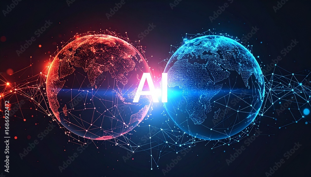 Poster the abstract illustration of two halves of the world, rendered in red and blue, interconnected with 