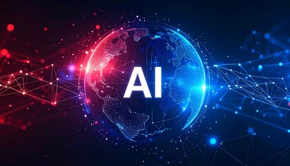 Artificial Intelligence concept represented by the letters AI set against a backdrop of a globe surrounded by connecting dots, symbolizing a vast network