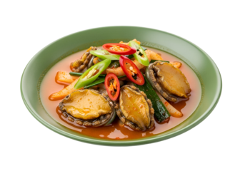 A savory dish of abalone in a rich, spicy broth, garnished with fresh green onions and red chili peppers, presented on a vibrant green plate.