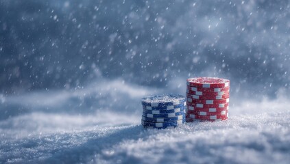 Poker chips in red and blue rest on a snowy surface, surrounded by falling snowflakes. The nighttime ambiance creates a striking visual contrast between colors and the winter landscape