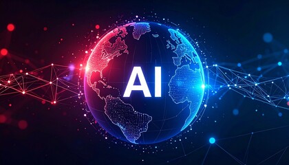 A mesmerizing digital representation of the Earth with the letters AI boldly displayed, encapsulated within a vibrant network of interconnected lines and dots