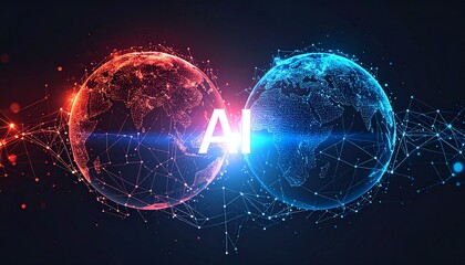 Obraz premium The abstract illustration of two halves of the world, rendered in red and blue, interconnected with lines forming networks, symbolizing the power of AI
