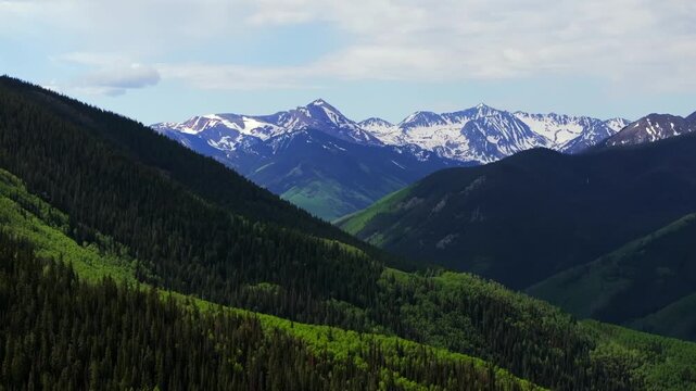 Ashcroft Mountain spring summertime morning blue sky clouds Aspen Mountain Ajax Little Annie Trailhead aerial drone Colorado scenic Rocky Mountains Elk Range Aspen Trees Grove parallax circle right
