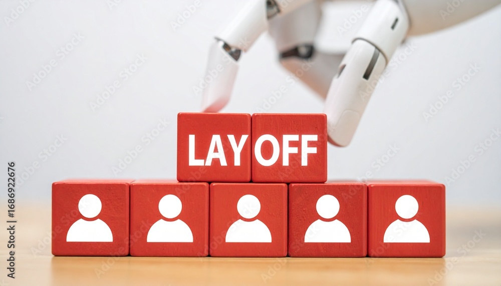 Poster the word lay off is spelled out on a set of blocks, and a robotic hand interacts with the blocks, cr