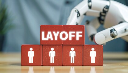 Layoff blocks with an android hand, representing the impact of automation on the workforce