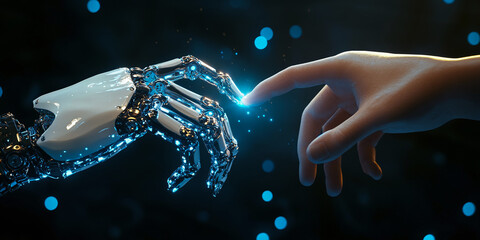 Human hand and robotic hand touching with glowing blue light, symbolizing ai and humanity connection