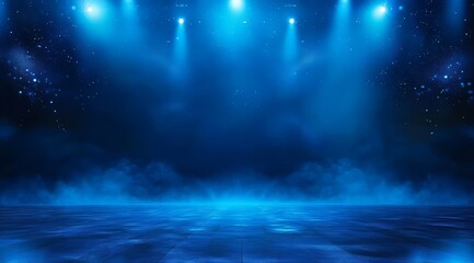 Blue-lit stage with atmospheric fog and spotlights