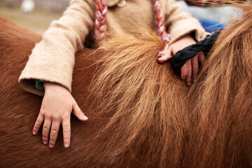 Child with light skin touching horse mane outdoors, small hands gently resting on animal, wearing...