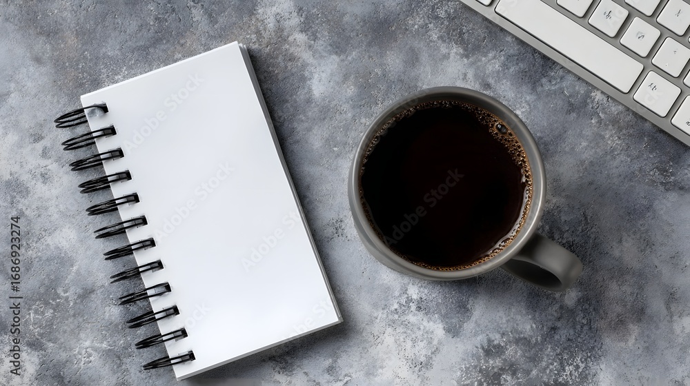 Poster overhead view of a blank spiral notebook a mug of black coffee and a computer keyboard on a textured