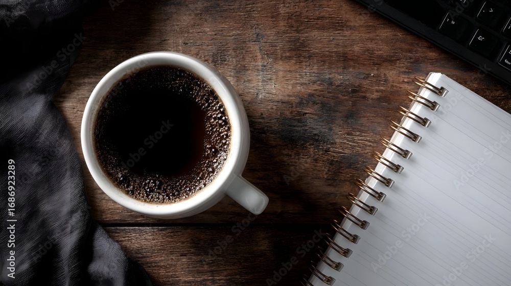 Poster overhead view of a mug of coffee notebook and keyboard on a wooden desk symbolizing productivity
