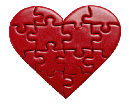 Heart shaped jigsaw puzzle piece red color symbolizing love connection unity and relationships isolated on transparency background abstract romantic concept