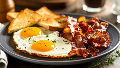 Breakfast plate with eggs bacon and toast