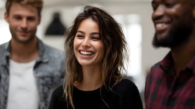 Three diverse colleagues share a moment of genuine laughter and connection during an informal meeting in a bright modern office workspace - Powered by Adobe