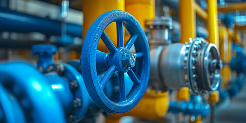 Closeup of a blue valve wheel on industrial pipes, with yellow and blue piping in the background