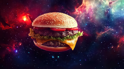 Cosmic Burger Extravaganza: A mouthwatering burger, complete with sesame bun, fresh lettuce, ripe tomato slices, and a melting slice of cheese, floats weightlessly amidst a vibrant, colorful galaxy.