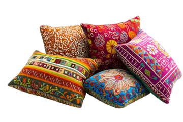Vibrant ethnic-inspired pillows with diverse patterns isolated on transparent background