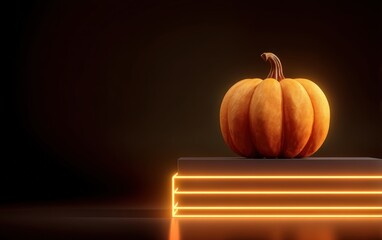 A pumpkin is sitting on top of a stack of books