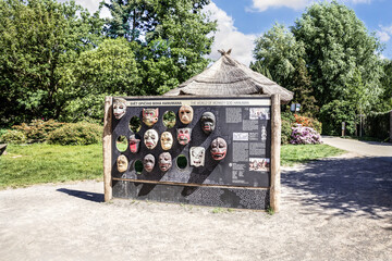 Stand with masks for photography in Prague Zoo in Czech Republic