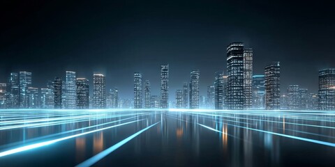 Futuristic Cityscape with Illuminated Skyscrapers and Reflective Roads