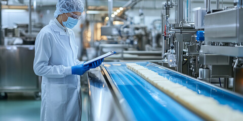 Food industry worker in protective gear inspects product on a conveyor belt in a factory