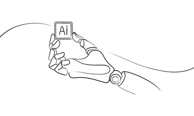 Chip AI with technology hand, continious line drawing. Smart network digital technology outline. Vector illustration