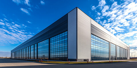 Modern glass and metal building exterior with a clear blue sky and scattered clouds